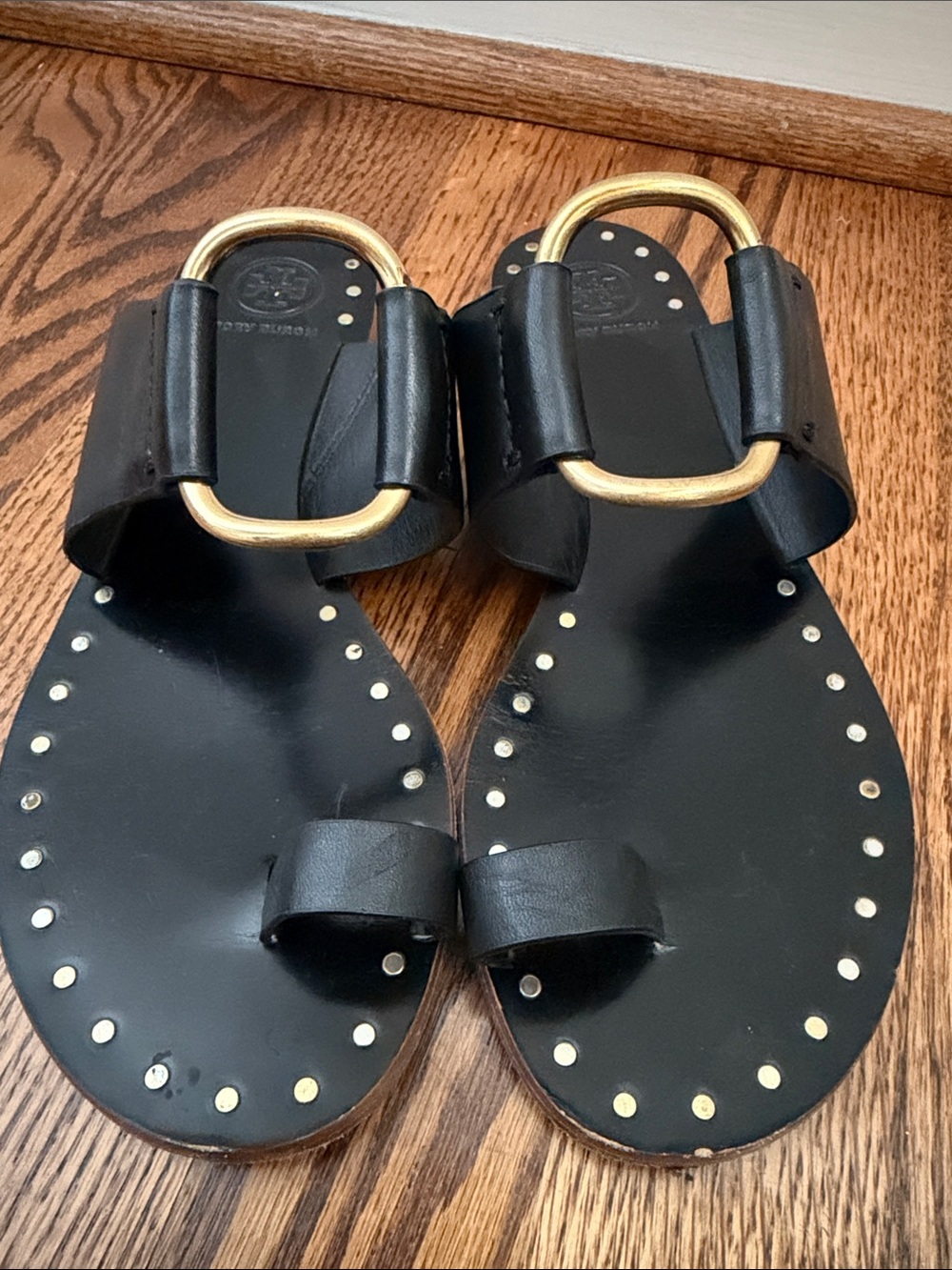 Tory Burch Black Leather Slide Sandals with Gold Oval Buckles